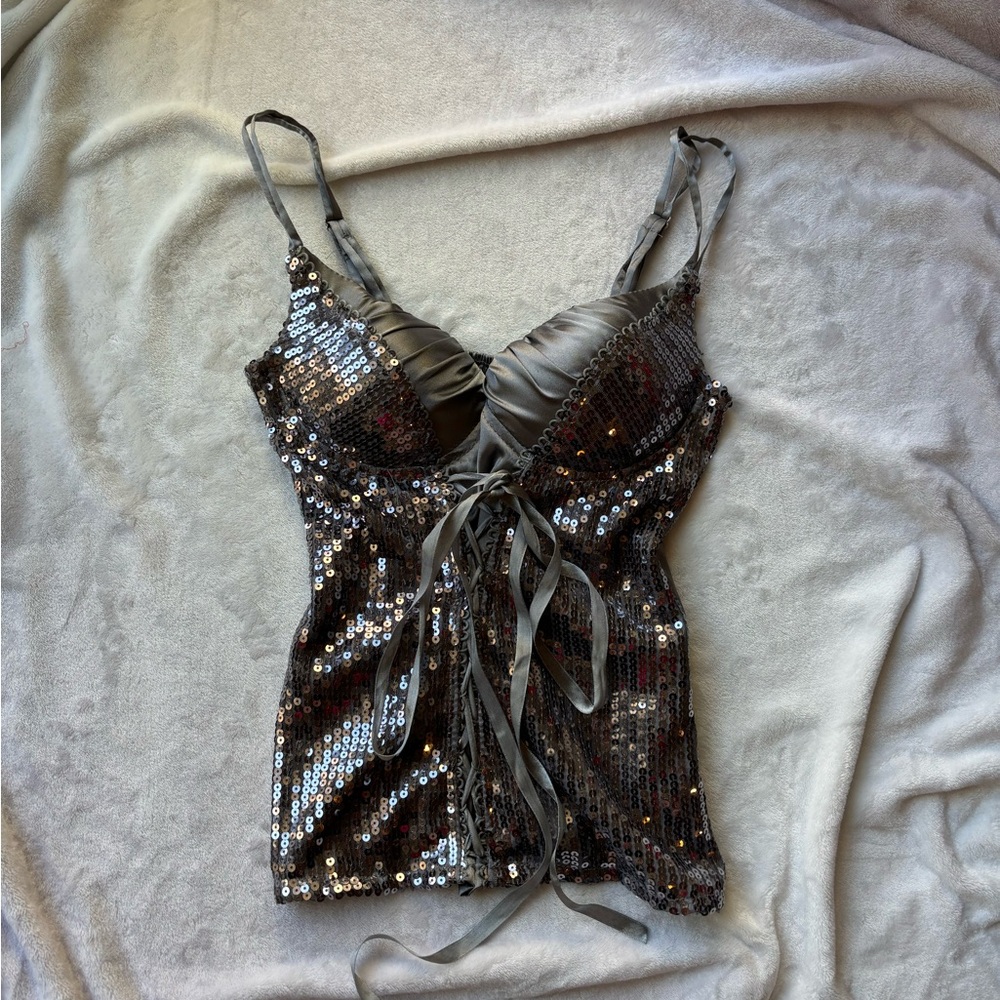 Sequin Strappy Top - Silver Corset